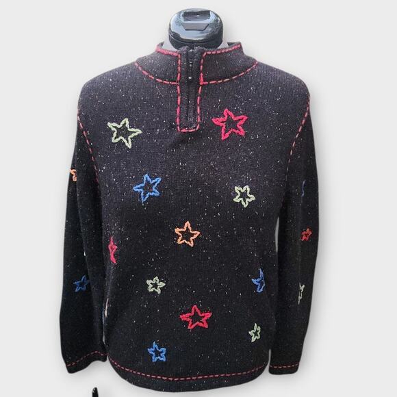 Christopher & Banks Hand Knit Sweater Women's XL 1/4 Zip Embroidered Stars VTG - Picture 2 of 8